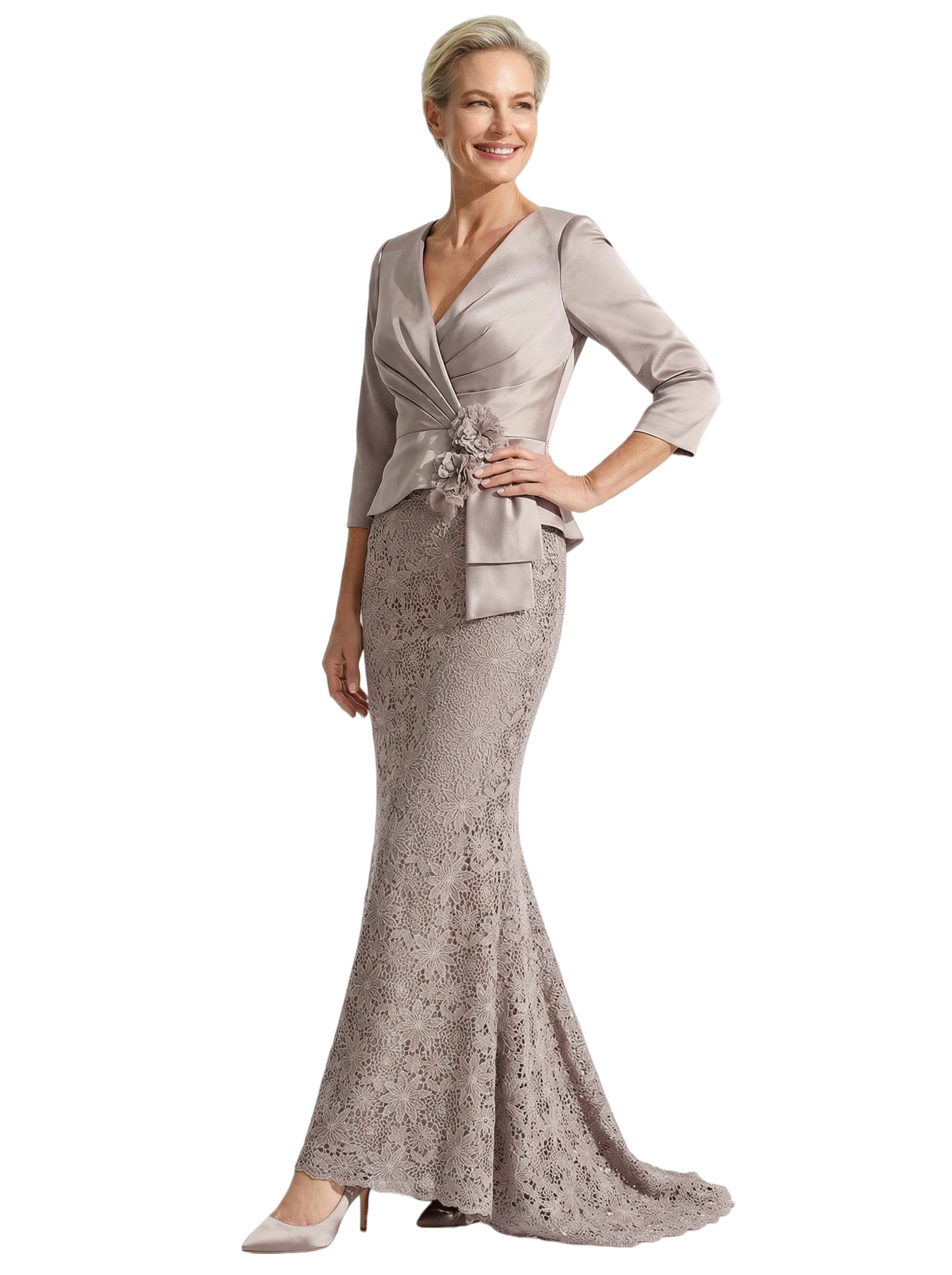 Unique V-Neck 3/4 Sleeve Mother of The Groom Dress Lace Mermaid Gown with Lace Formal Occasion Wear