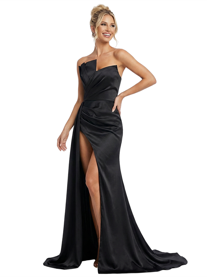 Modern Asymmetrical Sleeveless High Side Slit Ruched Satin Mermaid Prom Dress