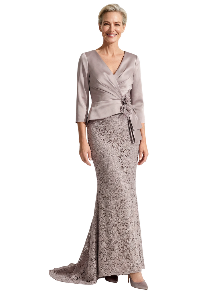 Unique V-Neck 3/4 Sleeve Mother of The Groom Dress Lace Mermaid Gown with Lace Formal Occasion Wear