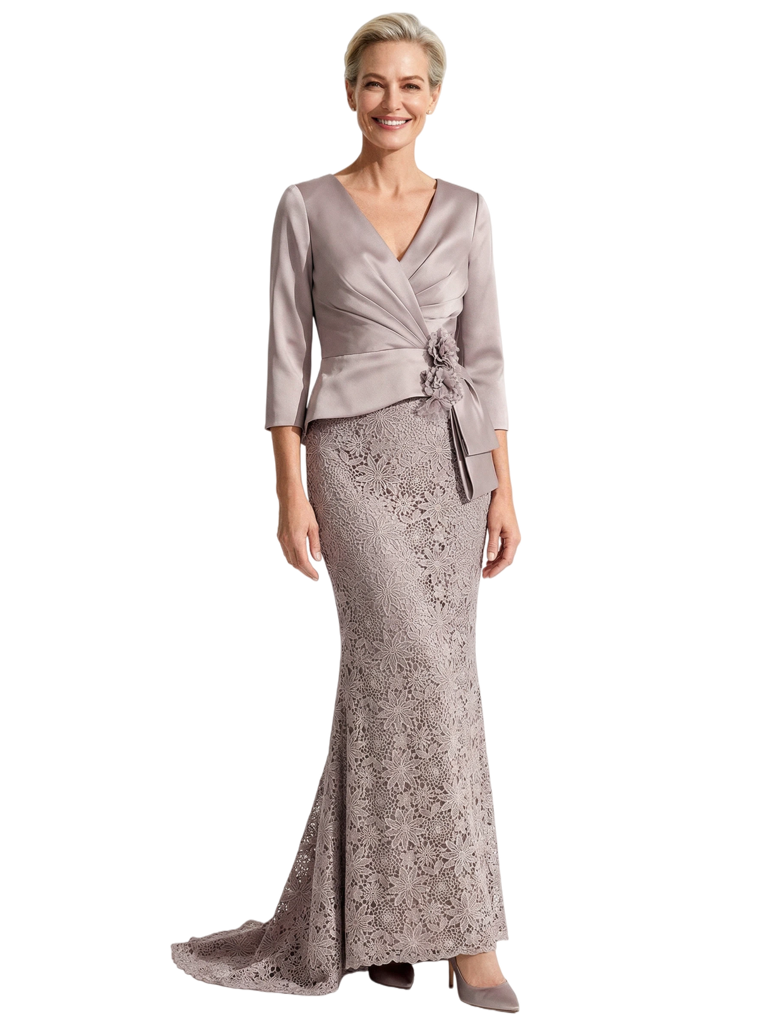 Unique V-Neck 3/4 Sleeve Mother of The Groom Dress Lace Mermaid Gown with Lace Formal Occasion Wear