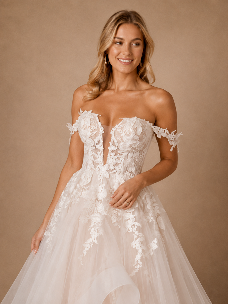 ChicSew Fancy Off The Shoulder Lace Appliques Tulle Long A-Line Wedding Dress