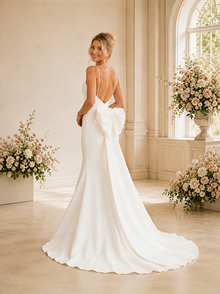 ChicSew Classy Spaghetti Straps Crepe Mermaid Floor-Length Wedding Dress With Bow Knot