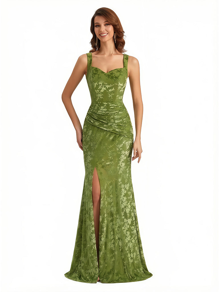 Elegant Floral Burnout Velvet Square Straps Long Formal Evening Gown Dresses Side Slit