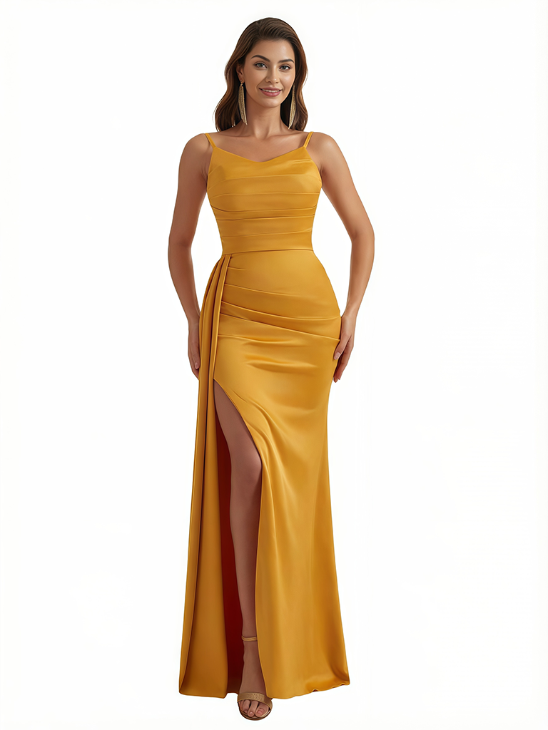 Sexy Mermaid Spaghetti Straps Side Slit Silky Satin Long Evening Dresses For Wedding