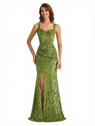 Elegant Floral Burnout Velvet Square Straps Long Formal Evening Gown Dresses Side Slit