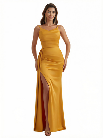Sexy Mermaid Spaghetti Straps Side Slit Silky Satin Long Evening Dresses For Wedding