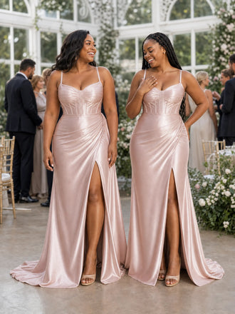 ChicSew Spaghetti Straps V-Neck Boning Side Slit Mermaid Soft Satin Long Bridesmaid Dresses