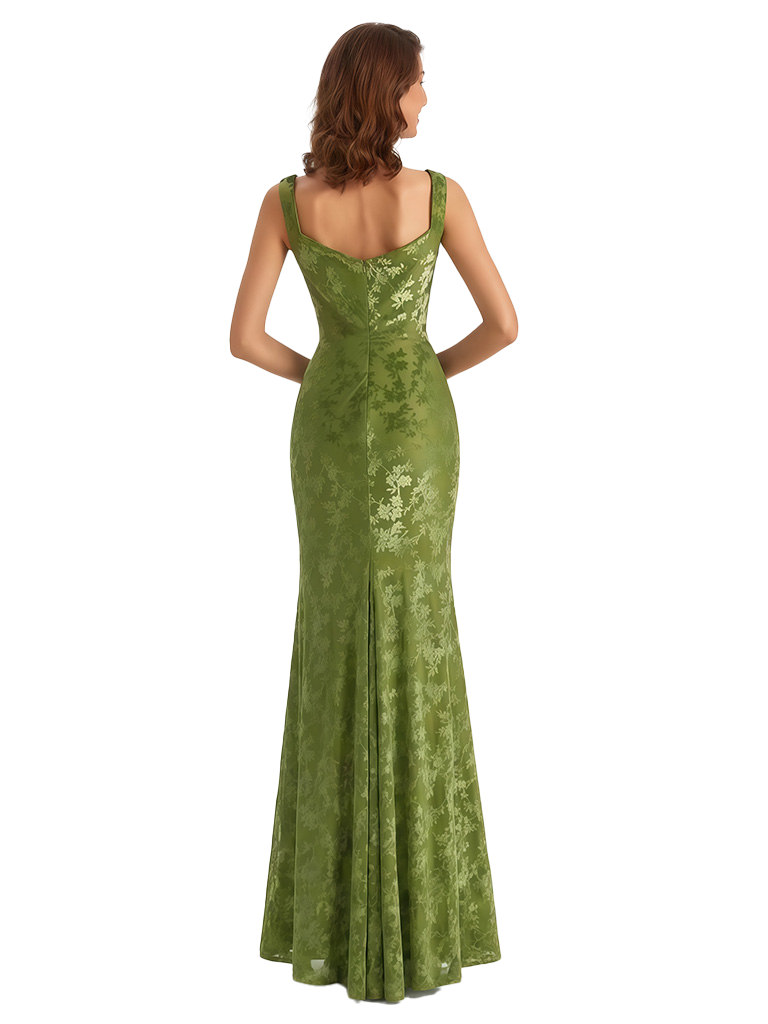 Elegant Floral Burnout Velvet Square Straps Long Formal Evening Gown Dresses Side Slit