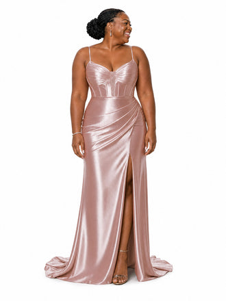 ChicSew Spaghetti Straps V-Neck Boning Side Slit Mermaid Soft Satin Long Bridesmaid Dresses