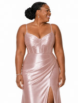 ChicSew Spaghetti Straps V-Neck Boning Side Slit Mermaid Soft Satin Long Bridesmaid Dresses