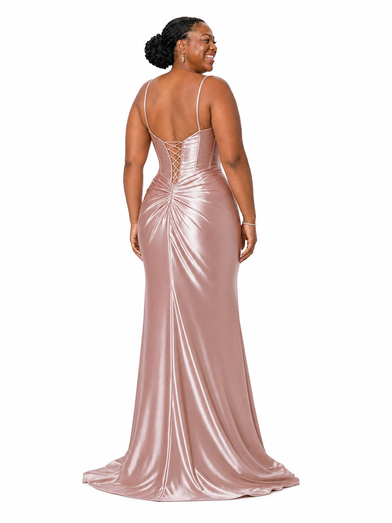 ChicSew Spaghetti Straps V-Neck Boning Side Slit Mermaid Soft Satin Long Bridesmaid Dresses