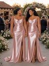 ChicSew Spaghetti Straps V-Neck Boning Side Slit Mermaid Soft Satin Long Bridesmaid Dresses