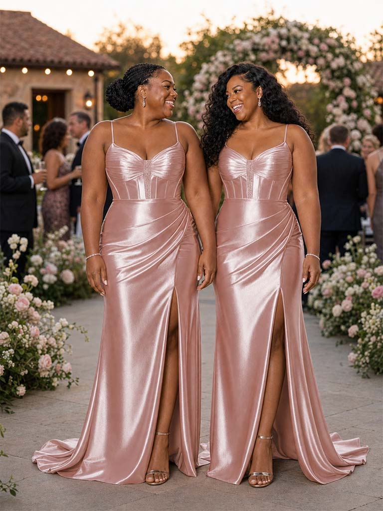 ChicSew Spaghetti Straps V-Neck Boning Side Slit Mermaid Soft Satin Long Bridesmaid Dresses