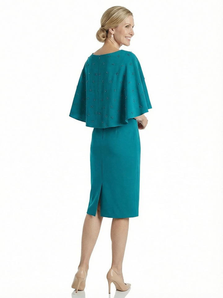 Chicsew Classy Scoop Beaded Cape Sleeves Knee-Length Sheath Mother Of Groom Gown