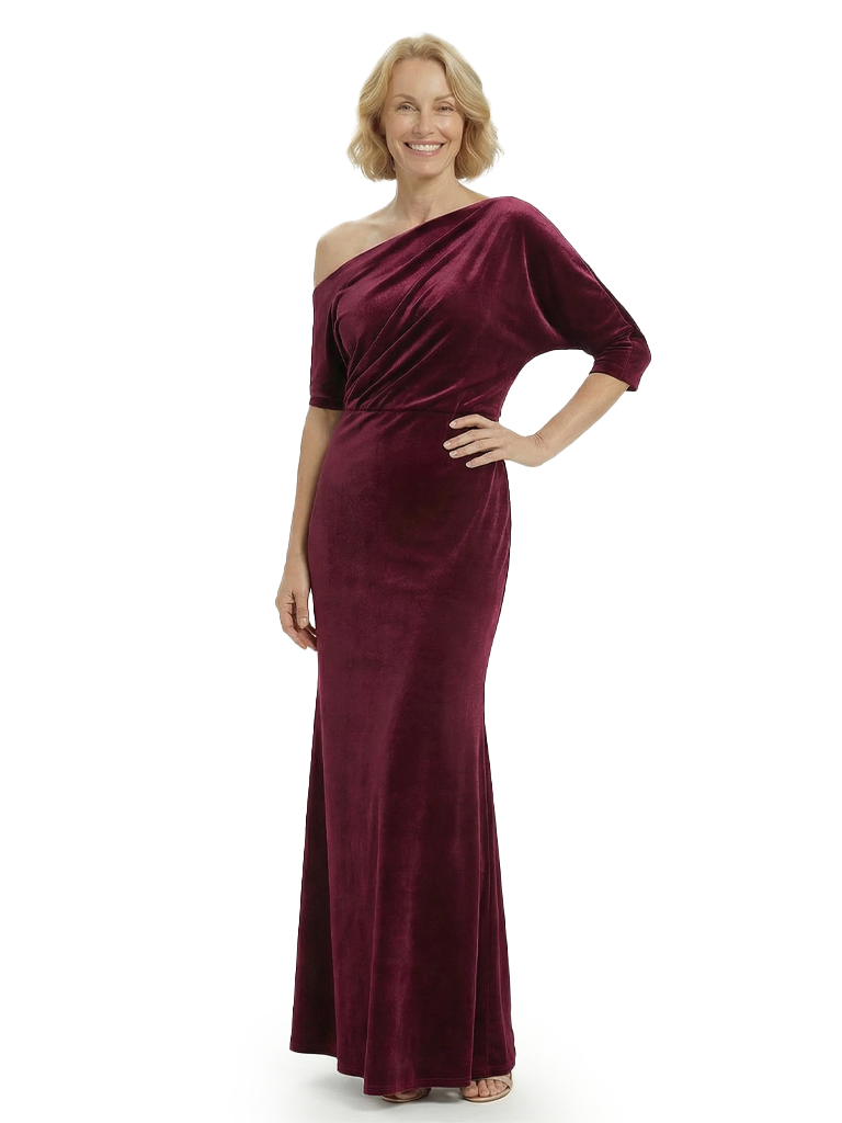 Chicsew Mother Of The Bride Long Dresses Asymmetrical Neckline Velvet Half Sleeves Maxi Mother Of The Groom Dress, Purple