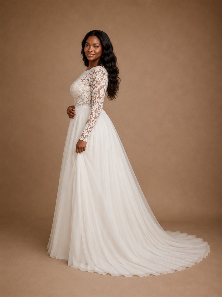 ChicSew Elegant Classy Lace Applique Chiffon A-Line Pleated Long Sleeves Floor-Length Wedding Dress