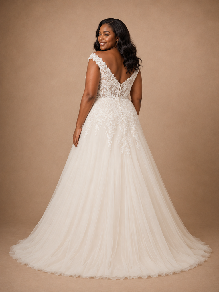 ChicSew Romantic V-Neck Off The Shoulder A-Line Lace Appliques Tulle Maxi Wedding Dress