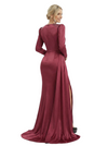 Chicsew Modern V-Neck Long Sleeves Side Slit Rhinestone Satin Mermaid Mother Of The Bride Dresses