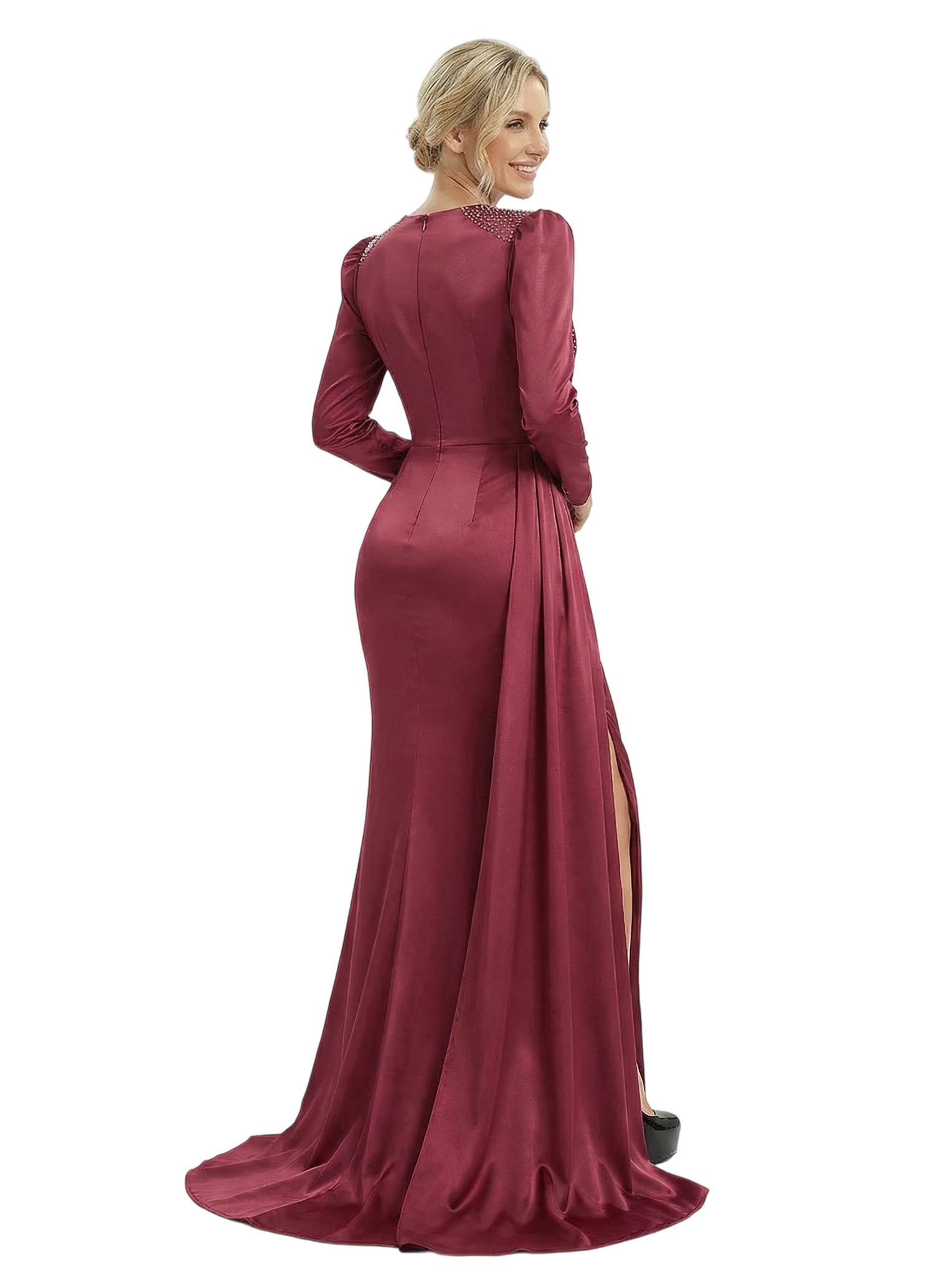 Chicsew Modern V-Neck Long Sleeves Side Slit Rhinestone Satin Mermaid Mother Of The Bride Dresses