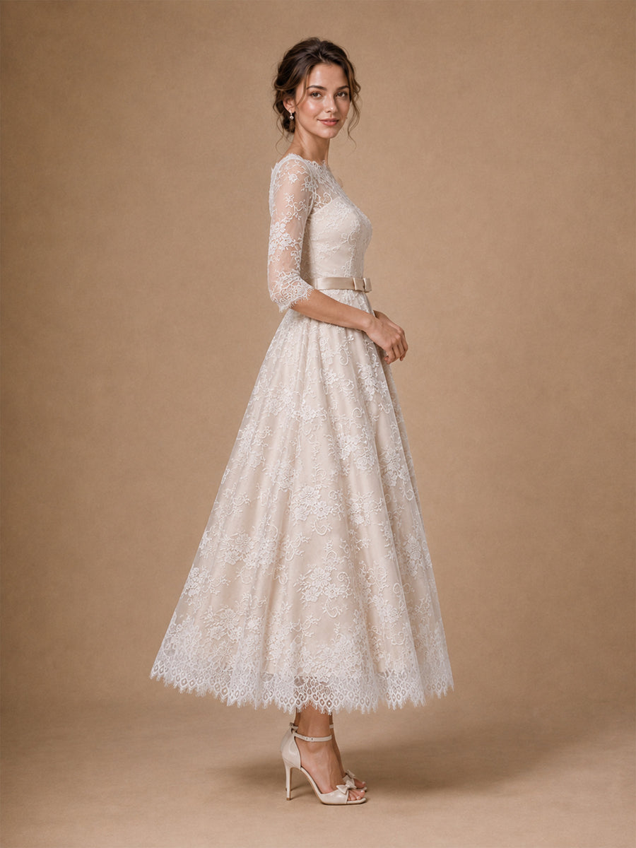 ChicSew Elegant Sabrina 3/4 Sleeves Lace A-Line Tea-Length Wedding Dresses