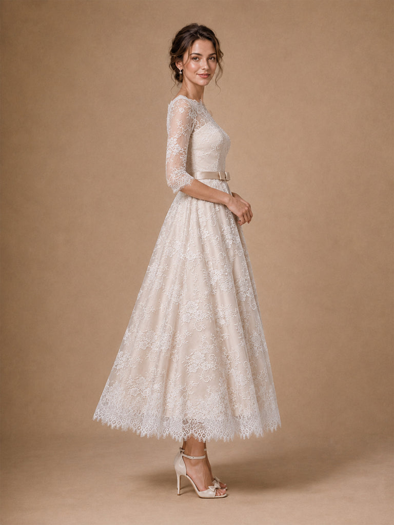 ChicSew Elegant Sabrina 3/4 Sleeves Lace A-Line Tea-Length Wedding Dresses
