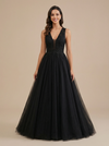 A-Line Spaghetti Straps V-Neck Maxi Long Tulle Lace Black Wedding Dresses Online