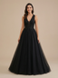 A-Line Spaghetti Straps V-Neck Maxi Long Tulle Lace Black Wedding Dresses Online
