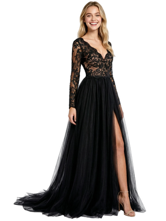 Elegant V-Neck Long Sleeves Tulle Lace Appliques Side Slit A-Line Formal Prom Dress
