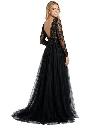 Elegant V-Neck Long Sleeves Tulle Lace Appliques Side Slit A-Line Formal Prom Dress