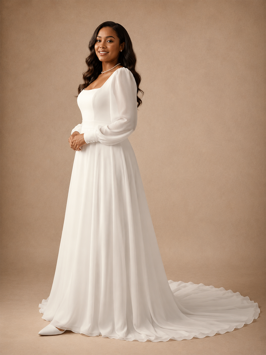 ChicSew Elegant Simple Square Neck Long Sleeves Chiffon A-Line Wedding Dress