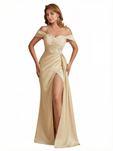 Sexy Lace Appliques Off The Shoulder Side Slit Mermaid Silky Satin Long Evening Dresses For Women