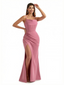 Elegant Stretchy Crepe Mermaid Maxi Formal Evening Gowns Boning Spaghetti Straps Side Slit
