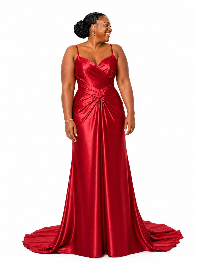 ChicSew Elegant Spaghetti Straps V-Neck Ruched Mermaid Soft Satin Floor-Length Bridesmaid Dresses