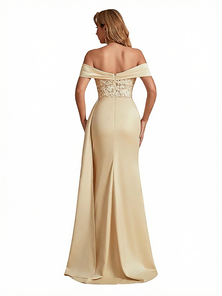 Sexy Lace Appliques Off The Shoulder Side Slit Mermaid Silky Satin Long Evening Dresses For Women