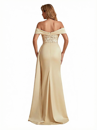 Sexy Lace Appliques Off The Shoulder Side Slit Mermaid Silky Satin Long Evening Dresses For Women