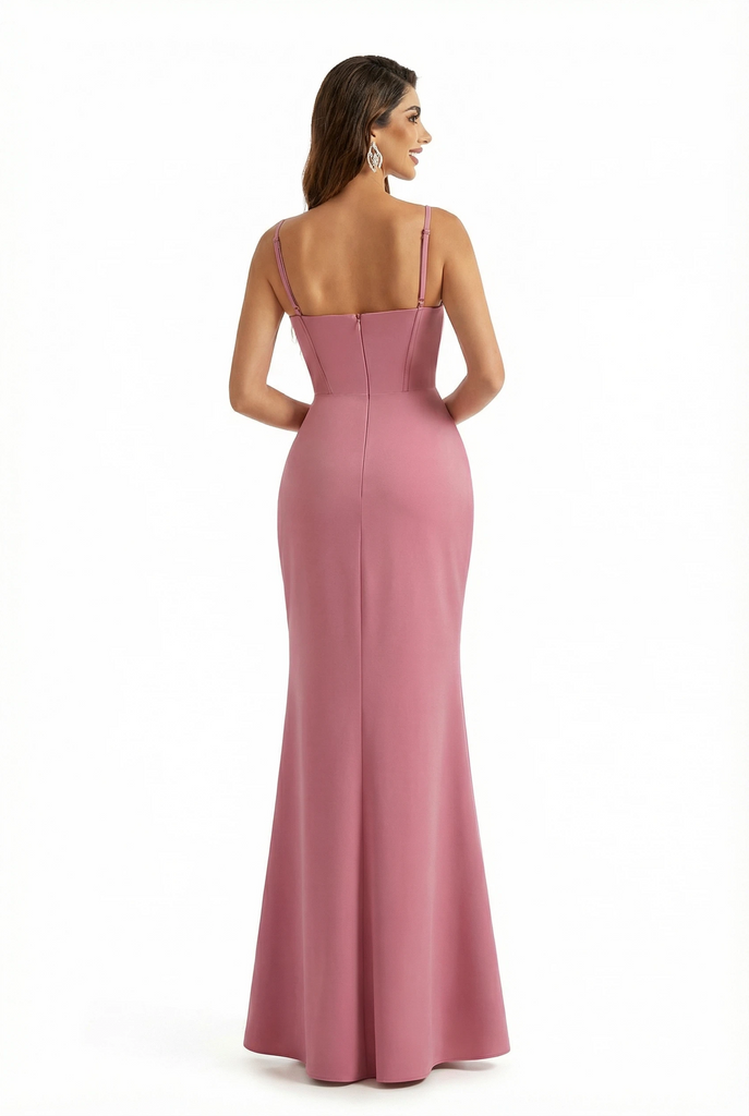 Elegant Stretchy Crepe Mermaid Maxi Formal Evening Gowns Boning Spaghetti Straps Side Slit