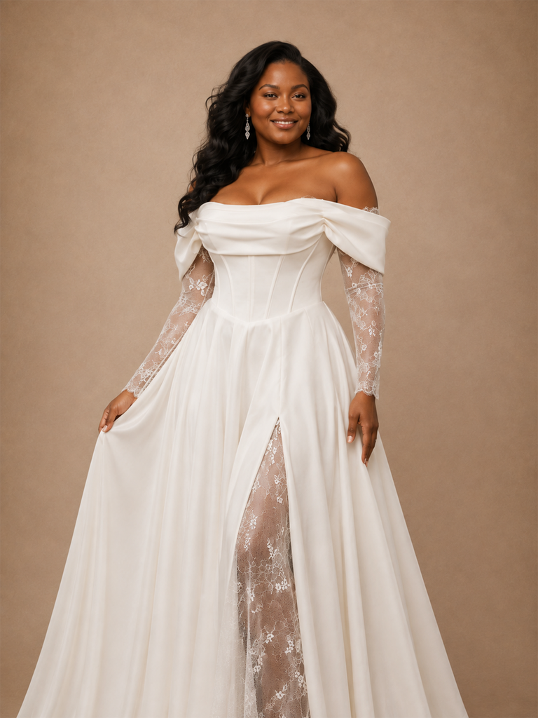ChicSew Fancy Crepe Off The Shoulder A-Line Side Slit Long Wedding Dress With Lace Applique
