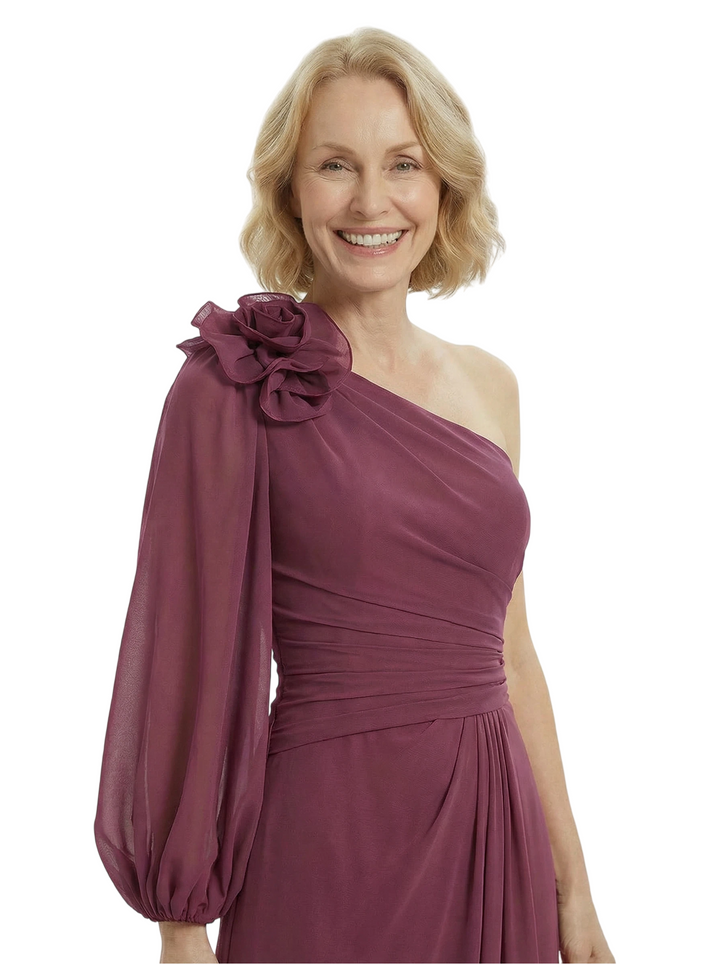 Chicsew Elegant One Shoulder Long Sleeves Chiffon Mother of The Bride Gown