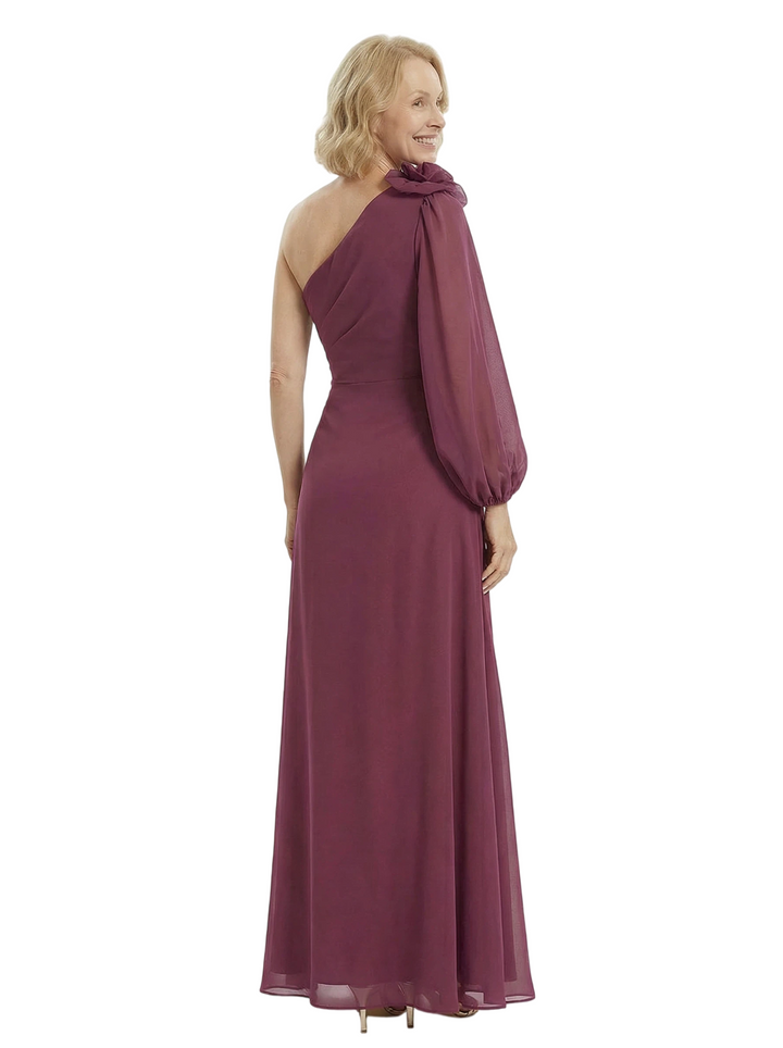 Chicsew Elegant One Shoulder Long Sleeves Chiffon Mother of The Bride Gown
