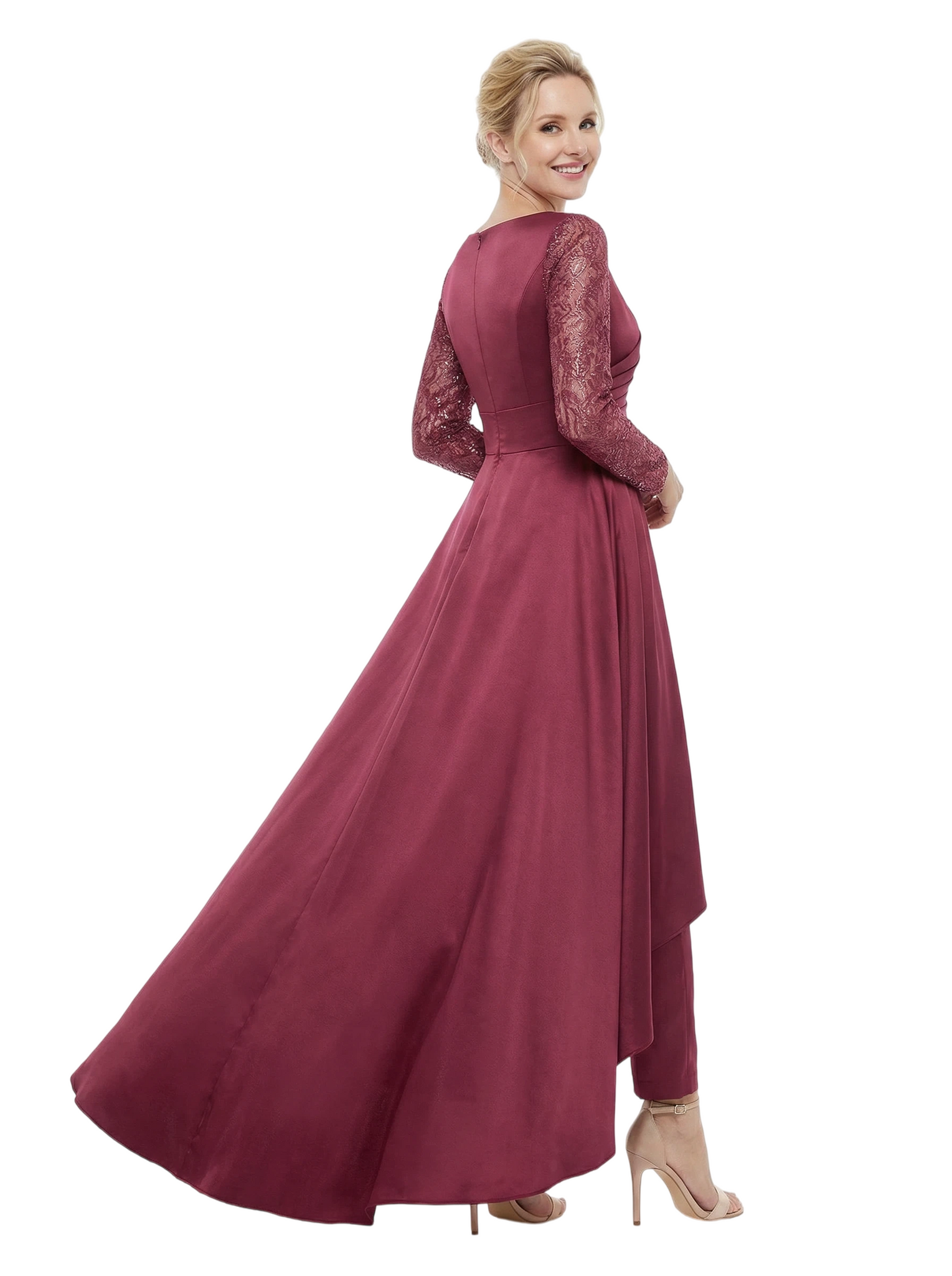 Chicsew Mother Of The Bride Dresses Jewel Long Sleeves Satin High-Low Gown Elegant