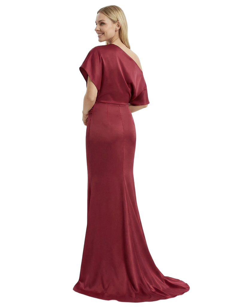 Chicsew Elegant One Shoulder Mermaid Satin Short Sleeve Mother Of The Bride Dresses