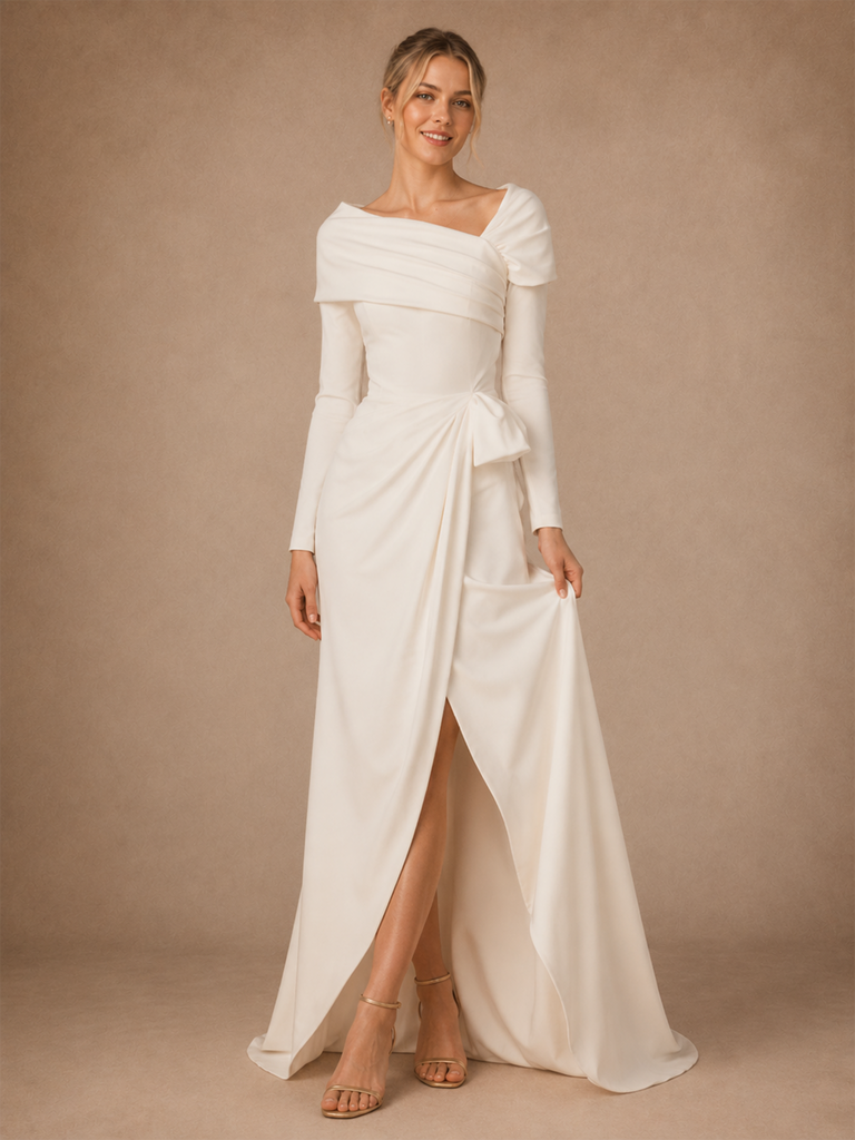 ChicSew Modern Mermaid Crepe Asymmetric Long Sleeves Floor-Length Wedding Dress