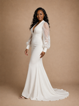 ChicSew Modern Sexy V-Neck Long Tulle Sleeves Crepe Mermaid Maxi Wedding Dress