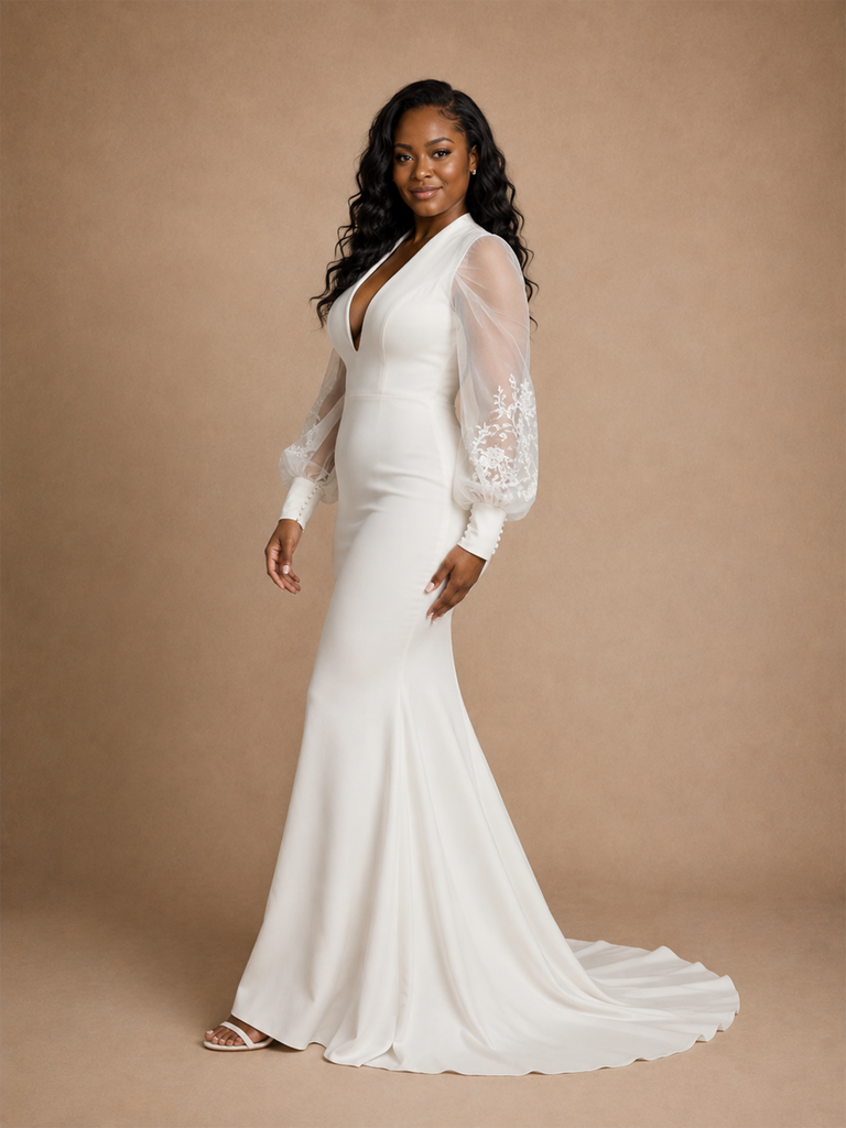 ChicSew Modern Sexy V-Neck Long Tulle Sleeves Crepe Mermaid Maxi Wedding Dress