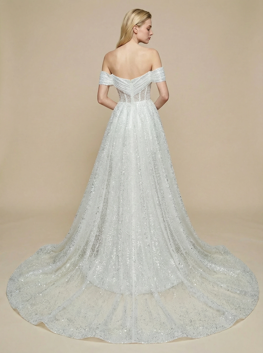 Mermaid Off Shoulder Ruched Maxi Long Sequin Wedding Dresses With Detachable Skirt