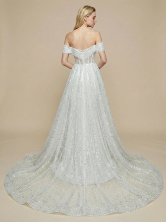 Mermaid Off Shoulder Ruched Maxi Long Sequin Wedding Dresses With Train