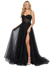 Sparkly Spaghetti Straps Side Slit Lace Appliques Sequin Tulle Floor-Length A-Line Prom Dress