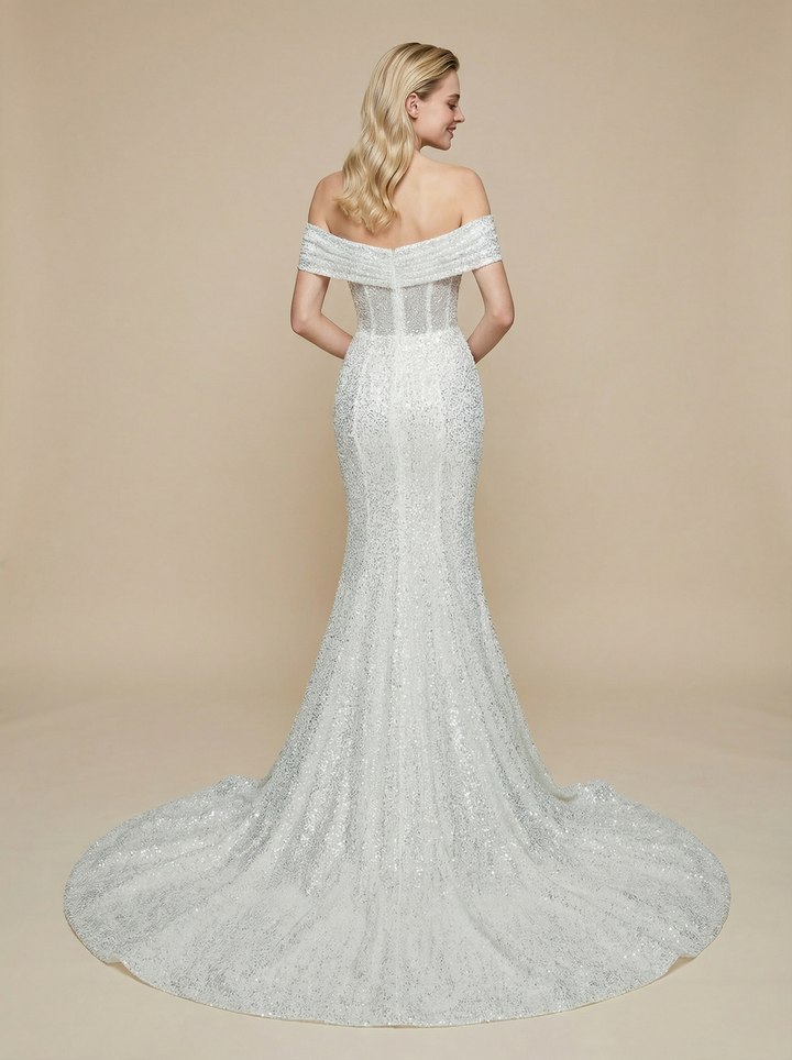 Mermaid Off Shoulder Ruched Maxi Long Sequin Wedding Dresses With Detachable Skirt