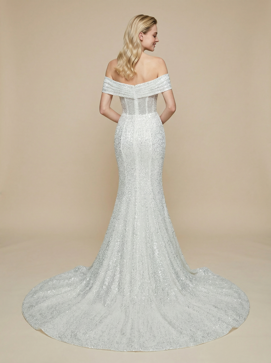 Mermaid Off Shoulder Ruched Maxi Long Sequin Wedding Dresses With Detachable Skirt