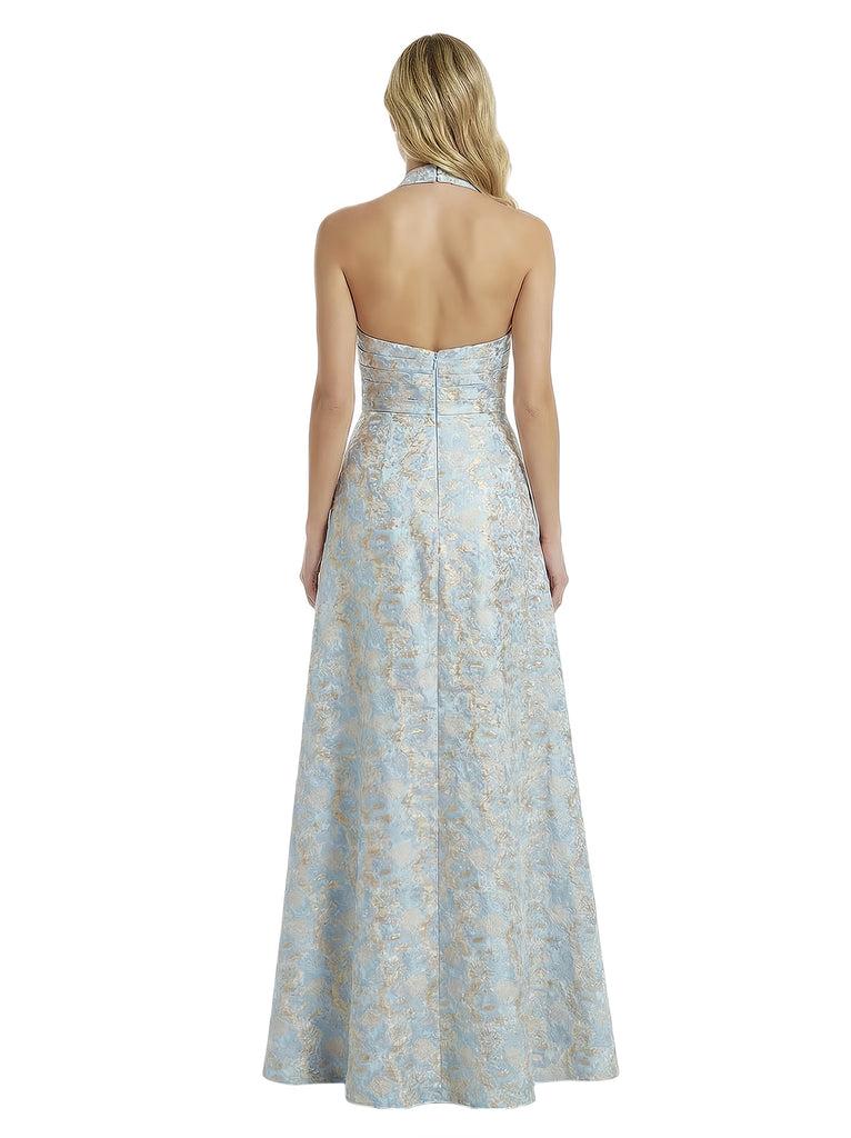 ChicSew Elegant Jacquard Satin Halter A-Line Side Slit Formal Evening Dresses For Women